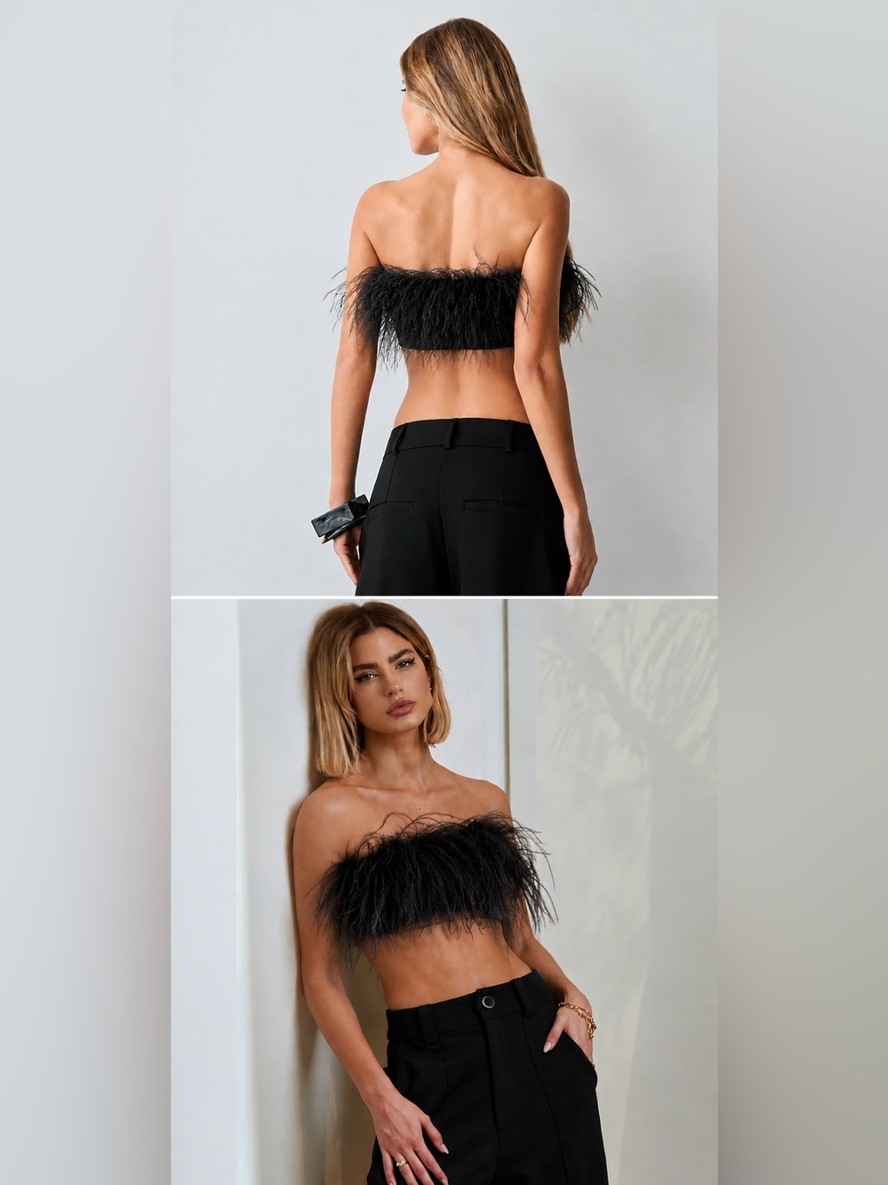 Zen - Feather Trim Black Strapless Bandeau Top